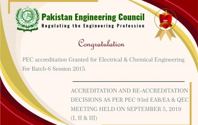 PEC accreditation Granted for Electrical & Chemical Engineering For Batch-6 Session 2015