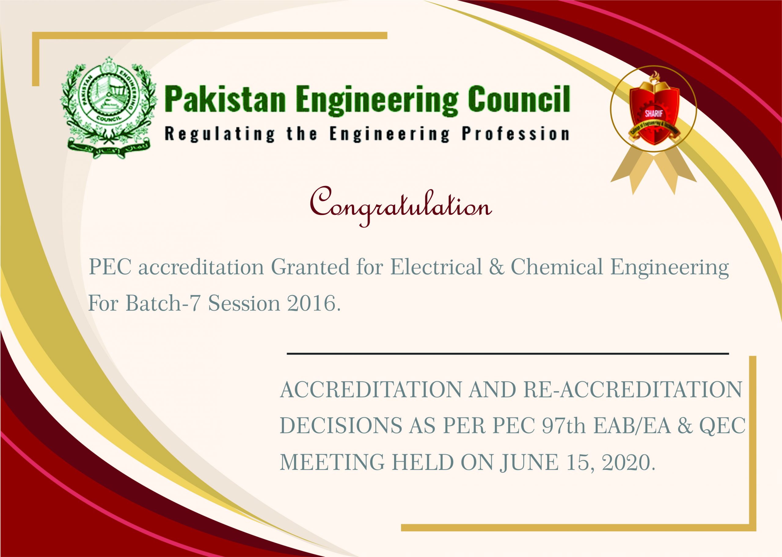 PEC accreditation Granted for Electrical & Chemical Engineering